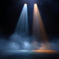 Dramatic stage lights illuminate a foggy scene at a live performance setting