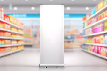Blank White Roll-Up Banner Display Stand in Blurred Supermarket Aisle. Mock up promotion information for marketing announcements and details, blank white space.