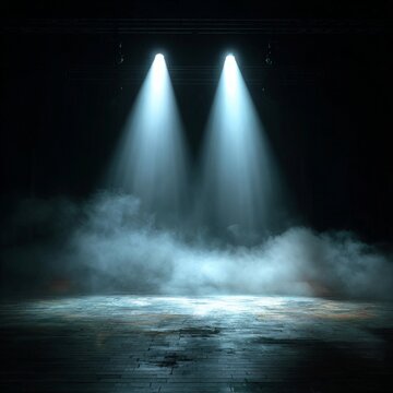 Bright stage lights illuminating a foggy performance space ready for a show in the evening