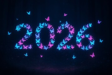 Digital art: glowing neon butterflies forming number 2026 in night forest
