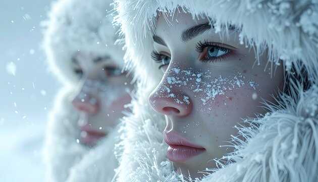 Twarz kobiety w czapce zimowej i z drobinkami śniegu na policzku