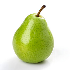 Single green pear with stem on white background fruit isolated