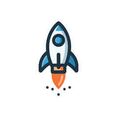 colorful illustration of a rocket ship taking off, with a blue and white body and orange flames.