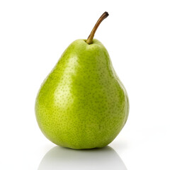 Single Green Pear with Stem on White Background Reflecting Light fruit whole