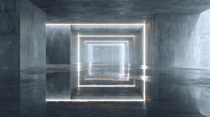 Concrete Tunnel with Glowing Square Lights and Reflective Floor
