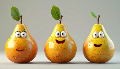 Żółte, uśmiechnięte gruszki jako figurki do zabawy dla dzieci, oraz figurki ozdobne.