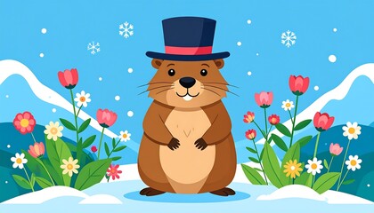 Obraz premium Groundhog Day illustration, featuring a cute groundhog wearing a top hat amid snow, flowers and a blue sky backdrop