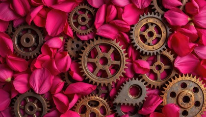 Gears Intertwined with Delicate Pink Petals Create a Juxtaposition of Mechanical and Organic Textures, Forming an Intriguing Composition