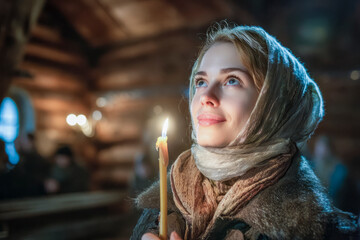 Young woman praying with candle on orthodox christmas