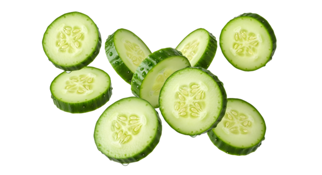 Sliced Cucumber Pieces Floating, Food, White Background, Botanical Freshness, Close-Up, Healthy Concept