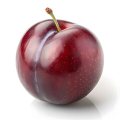 Single Ripe Red Plum with Stem on White Background fruit fresh