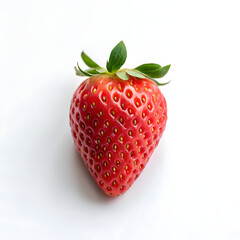 Single ripe red strawberry with green leaves on a white background fruit fresh