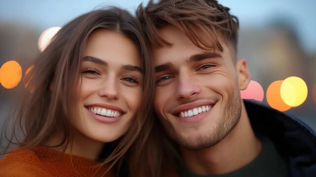 Caucasian love couple smile cuddle together at city street
