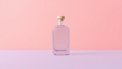 Elegant clear glass bottle with light wood stopper stands on a pastel surface against a soft pink backdrop
