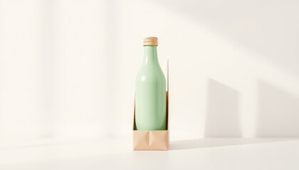 Light Green Bottle with Gold Cap in a Plain Paper Bag on a Simple Off-White Surface