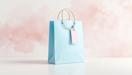 Pastel presentation A serene light blue shopping bag with a delicate pink tag set against a soft backdrop