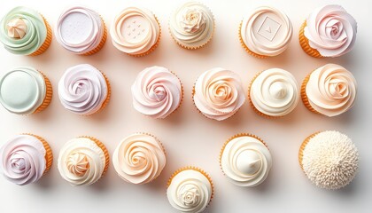 Assorted Cupcakes with Creamy Frosting and Delicate Decorations in Pastel Colors Laid Out on an Ivory Background for a Dessert Platter