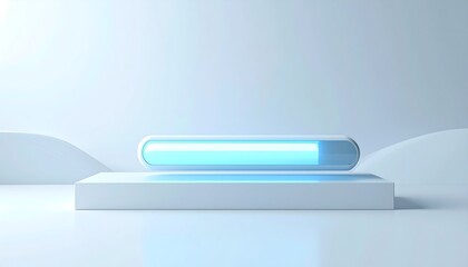 A square platform supports a futuristic, glowing blue capsule in a minimalist, bright, white abstract setting