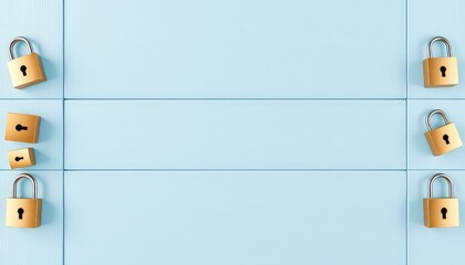 Conceptual security presentation featuring golden locks surrounding light blue panels, signifying protection and guarded information