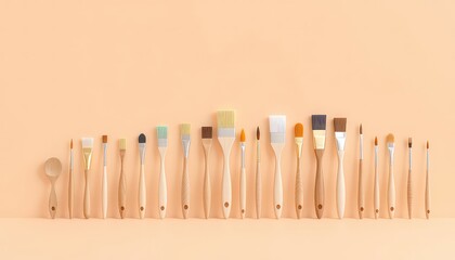 Assorted paintbrushes in a studio, each with a wooden handle and varied bristle sizes arranged neatly against a warm pastel backdrop