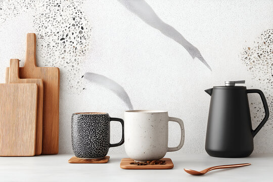 Still Life Mugs with Coffee Beans and Dark Pitcher on White Countertop. Mock up promotion information for marketing announcements and details, blank white space.