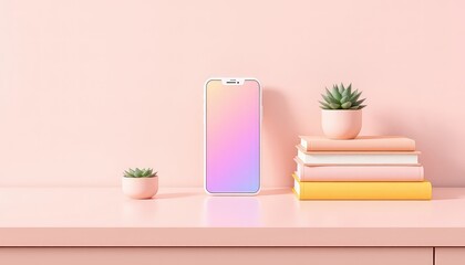 Minimalist desk setup with blank screen smartphone, books and potted plants on pastel color palette backdrop