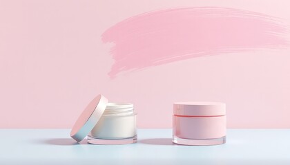 Creamy Serenity Two Skincare Jars on a Pastel Surface with Gentle Pink Swath Above, Offering Space for Beauty Product Marketing