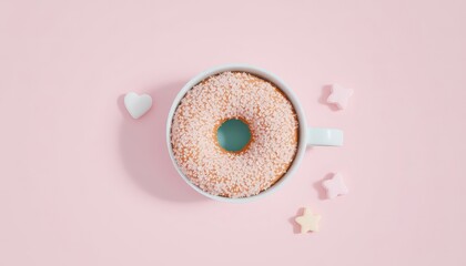 Sweet Sprinkled Donut Comfortably Placed Within a Cup Accompanied by Heart and Star Shaped Candies on Pastel Pink