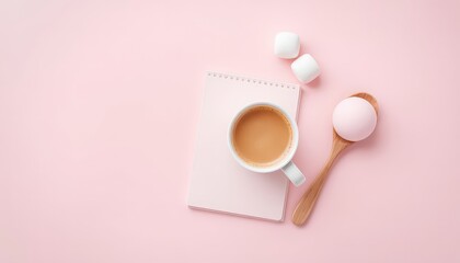 Flat lay of a cup of latte on a pink notebook surrounded by marshmallows and bath bomb on a spoon