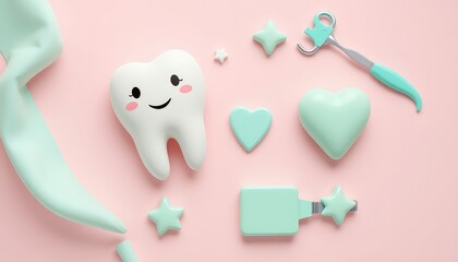 Dental Health and Hygiene Concept with Cute Tooth, Care Tools, Hearts, and Stars in Pastel Colors on a Soft Pink Background
