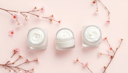Arrangement of skin cream jars with flowering branches on a soft pink backdrop, top view, wellness and beauty concepts