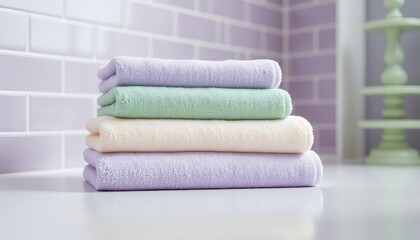 Pastel-colored bath or hand towels stacked neatly on a white counter with soft focus background objects