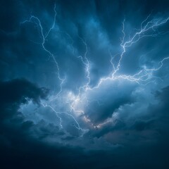 Obraz premium Lightning bolts illuminate a stormy sky during evening hours