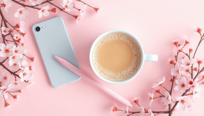 Delicate spring blossoms frame coffee, a mobile telephone, and writing implement on a pastel backdrop, evoking thoughts of refreshment and communication