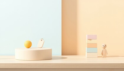Minimalist aesthetic image showing small items arranged on a wooden surface in a pastel colored studio setting