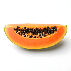 Slice of ripe papaya with bright orange flesh and black seeds on a white background