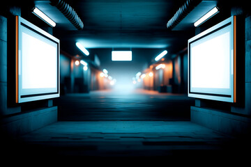 Blank Billboards in Dimly Lit Blue Tunnel Mockup. Mock up promotion information for marketing announcements and details, blank white space.