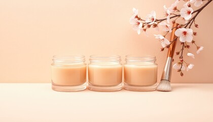 Natural skincare cream in elegant glass jars with blossoms and a brush for applying makeup on a soft peach surface