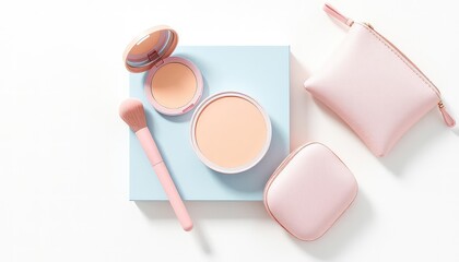 Cosmetic Essentials A Still Life of Beauty Tools with Powder Compacts, Makeup Brush, and Pink Pouches on Clean White