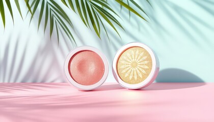 Cosmetic products with tropical leaves shadow overlay on a pastel backdrop, perfect for beauty and lifestyle promotions