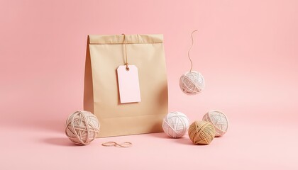 Craft paper bag with pink tag and yarn balls on a pastel pink background, showcasing handmade items and a gentle aesthetic