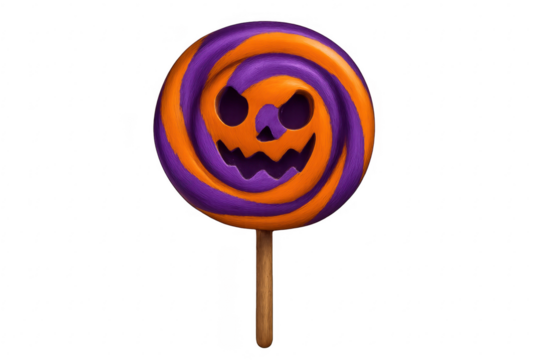 Orange and purple halloween pumpkin lollipop candy on stick