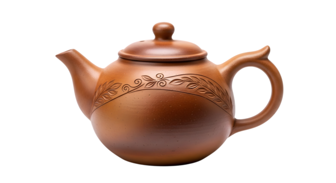 Elegant brown ceramic teapot with intricate floral design isolated on transparent background, perfect for tea time and adding a touch of sophistication to your kitchen