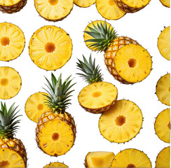 Pineapples and slices float on a black background