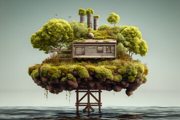 Floating Island with Rustic House, Green Trees, and Calm Water. Mock up promotion information for marketing announcements and details, blank white space.
