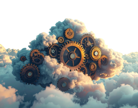  Cloud made of gears and smoke, hybrid technology symbol, isolated  - Powered by Adobe