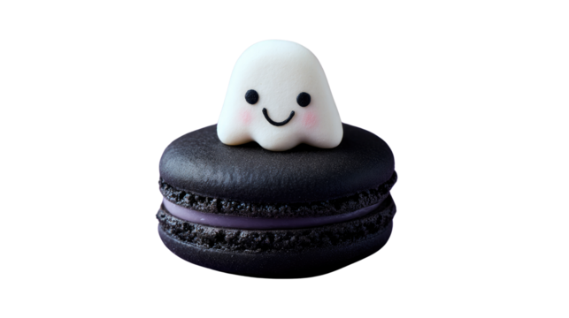 Single black macaron decorated with white cute ghost creating spooky Halloween dessert theme isolated on white background