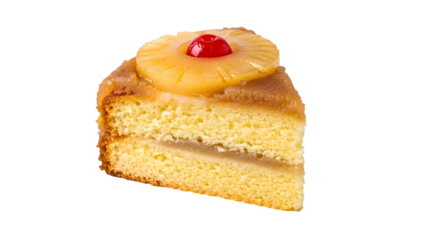A delicious slice of pineapple upside down cake isolated on transparent background, topped with a pineapple ring and a maraschino cherry on top