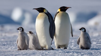 Obraz premium Penguin Family on Antarctic Ice, White and Black Birds
