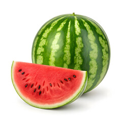 Watermelon with a Slice Showing Red Flesh and Seeds on White fruit food